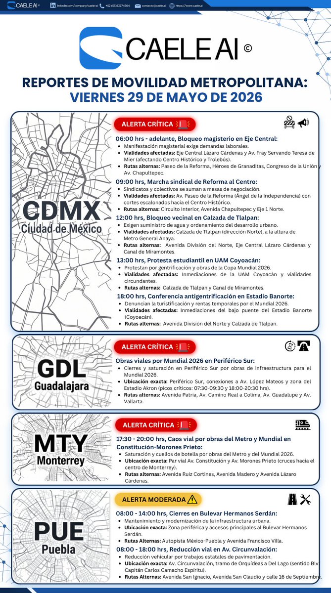 CAELE_AI's tweet photo. ⚠️ ¡Martes complicado en vialidades! Mantente informado con la Prospectiva de Movilidad de #caeleai para este 26 de mayo. Zonas críticas y rutas alternas aquí.
Anticipa tu ruta y maneja con precaución.👇
#CDMX #Guadalajara #Monterrey #Puebla #trafico #movilidad #NoticiasdeHoy https://t.co/UQFfVUYkSC