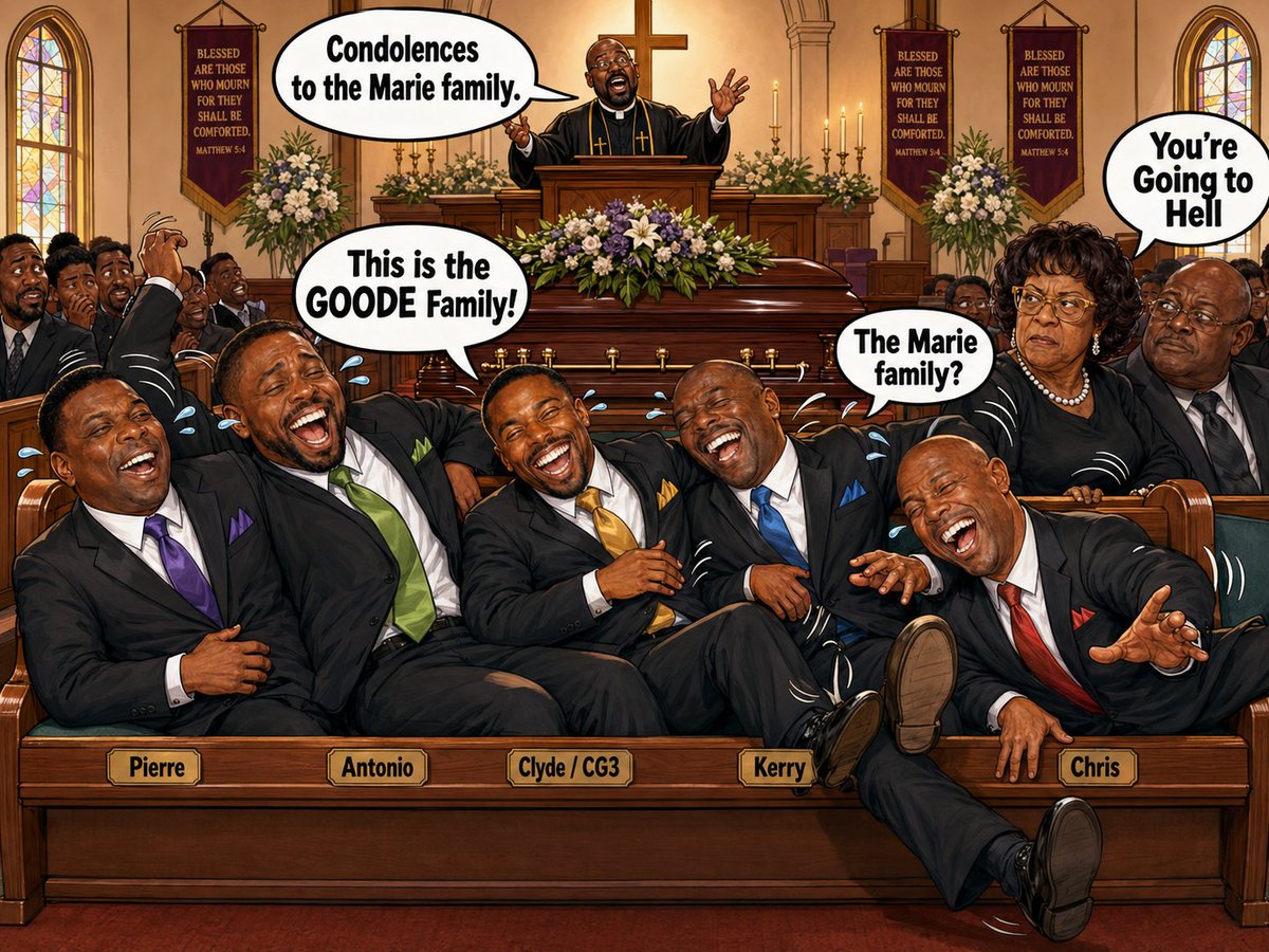 KerryGoode's tweet photo. The Marie Family Funeral 

Lemme tell y’all somethin’...  

There are certain places where my brothers and I should not be seated together. 

A courtroom. 

A staff meeting. 

A parent-teacher conference. 

And most definitely, a funeral. 

Because when all five of us get lined up on one pew, it does not look like grief. It looks like the front row of a comedy club waiting on the opening act. 

Now, we were at my grandmother’s funeral, trying our absolute best to behave — which, historically, is a spiritual battle all by itself. My mother had already given us that look before the service started. 

Not a regular look. 

The look that says, “I brought you in this world, and I will take you out during the obituary if necessary.” 

So we sat there straight-faced, hands folded, heads bowed, acting like we had home training. 

Then one of the associate pastors got up to offer condolences. 

He adjusted the microphone, cleared his throat, and said with great spiritual confidence, 

“To the Marie family, we offer our deepest condolences.” 

Now all five of us looked up at the same time. 

Marie? 

I looked at my brother. 

My brother looked at me. 

Another brother looked at the program. 

Somebody whispered, “Do we know Marie?” 

Because last time I checked, Sir, this is the Goode family. GOODE. As in “God is good all the time,” not “Marie and them.” 

The pastor kept going. 

“We want the church to wrap your arms around the Marie family during this difficult time.” 

Now we’re confused. We thinking maybe Marie was Grandma’s secret church name. 

Like maybe she had a ministry alias. 

Sister Marie Goode. 

Then he said it AGAIN, louder this time, like the Lord Himself needed to hear it. 

“The Marie family needs our prayers.” 

And that’s when it hit us — one by one — like a slow‑motion tidal wave of revelation. 

He wasn’t trying to say Marie family. 

He was trying to say… 

“the bereaved family.” 

But what came out was the Marie family. 

And when understanding finally hit that pew, it hit us one by one like the Holy Spirit doing roll call. 

First, one brother dropped his head. 

Then another one started shaking. 

Then somebody’s shoulders began bouncing. 

Then I made the mistake of looking down the pew. 

That was it. 

We were finished. 

We weren’t laughing loud, but we were doing that church laugh where your whole body is in cardiac arrest but your mouth is trying to stay saved. 

The pastor kept adding fuel. 

“We ask God to strengthen the Marie family…” 

“Cover the Marie family…” 

“Bless the Marie family…” 

By now, I’m sweating like I stole something from the church kitchen. 

My mother slowly turned around. 

Not fast. 

Slow. 

Like a horror movie deaconess. 

She looked at all five of us and whispered, 

“Y’all going to hell.” 

Which, I admit, was not comforting during a funeral. 

But all I could think was, “Well, at least the Marie family will have company.” 

By the end of the service, we were no longer the bereaved. 

We were the Marie family, survivors of grief, church mispronunciations, and Mama’s judgment. 

And somewhere in heaven, I believe Grandma was laughing too. 

Because she knew one thing for sure: 

When all five Goode boys sit together, even a funeral needs an usher, a prayer cloth, and a warning label.
