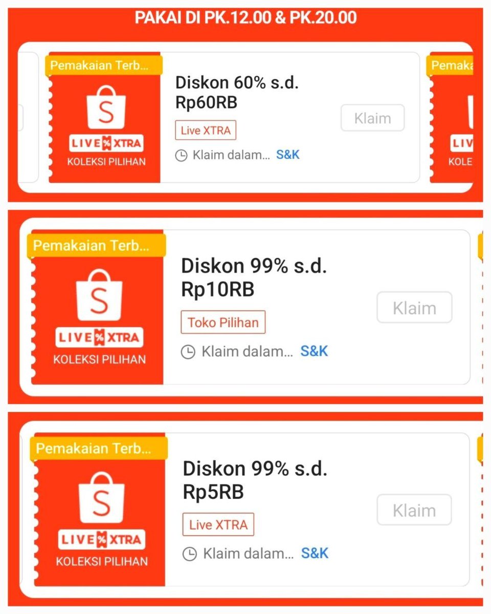 AkulahPara's tweet photo. Voucher Live Xtra 60% & 99%
🗓 29 Mei
⏰️ 12:00 & 20:00

Klaim tanpa refresh
https://t.co/yPuZV939OT
Browser: https://t.co/8CS6R8q2Jz

Diskon 60% s/d 60rb (minbel 100rb)
Diskon 60% s/d 6rb (minbel 10rb)
Diskon 99% s/d 10rb (minbel 5rb, tdk perlu klaim)
Diskon 99% s/d 5rb (tanpa minbel)
