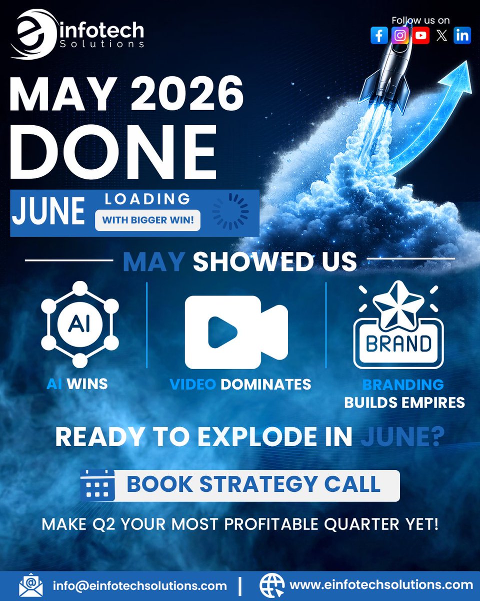 einfotechsol's tweet photo. 🚀 MAY 2026 = DONE
🔥 JUNE = LOADING BIGGER WINS
🤖 AI wins
🎥 Video dominates
⭐ Branding builds empires

Ready to scale your business this quarter?
🌐 https://t.co/o0cvz3HUql
#AI #DigitalMarketing #Branding #VideoMarketing #BusinessGrowth #EinfotechSolutions #Marketing https://t.co/uMChXiL1Hw