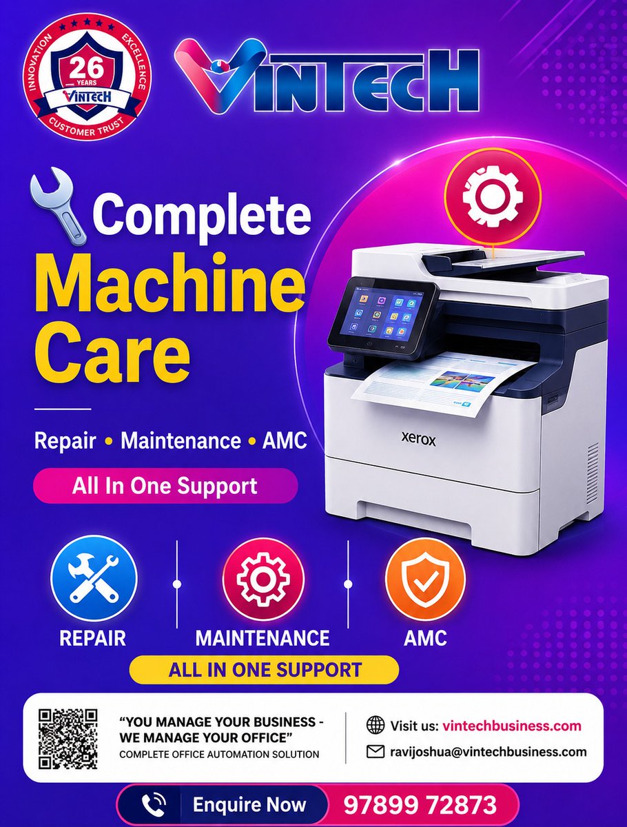 Vintechbspl's tweet photo. When your printer stops, your workflow doesn’t just slow down — it comes to a halt.

📞 Call Now For Quick Support 7899 72873

#XeroxService #PrinterRepair #OfficeSupport #ChennaiBusiness #MachineMaintenance #ITSupportChennai #BusinessContinuity #VintechBusiness https://t.co/4Hn3EhZyGR