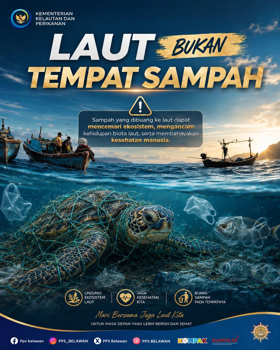 PPSBelawan's tweet photo. Laut itu bukan tempat sampah yaa bestie!
Hai SahabatBahari# Sampah plastik, jaring bekas, dan limbah yang dibuang sembarangan ke laut bisa bikin biota laut terluka, ekosistem rusak, sampai berdampak ke kesehatan manusia juga, lho!
#KNMP #KampungNelayanMerahPutih https://t.co/YCXwUFjIF6