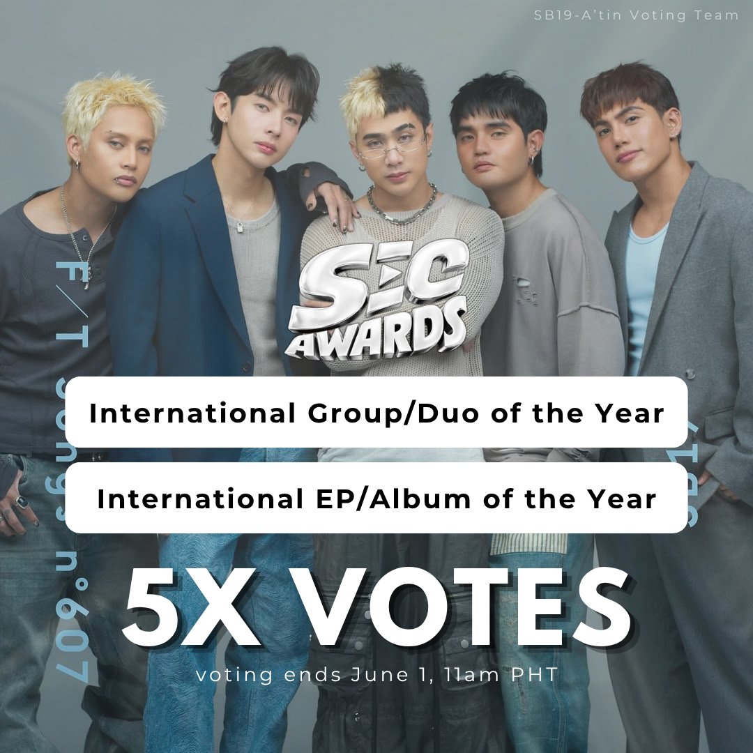SB19CG's tweet photo. VOTING REMINDER! 

‼️5X VOTES‼️

🔹 International Group/Duo of the Year 
🔗https://t.co/aeK6xuQJqt

🔹 EP/Album of the Year
🔗https://t.co/AtitUHAKgT

​#SB19 @SB19Official https://t.co/LfBxsXnfLY
