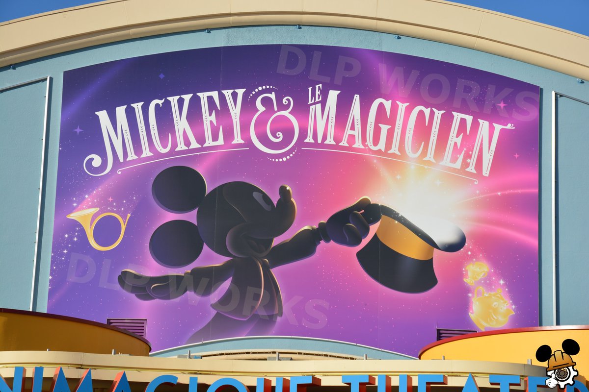 DLPWorks's tweet photo. [Analysis] 🚧 Where has the Animagique Theater triptych gone?

➡️ Since January 2026, two banners displaying the poster for Mickey and the Magician have been removed, leaving the supports exposed.
➡️ Initially taken down following a storm, they have still not been reinstated, possibly pending a creative change? #DisneylandParis