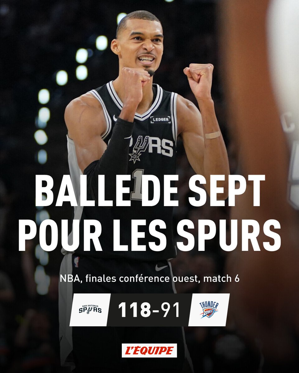 lequipe's tweet photo. Porté par Wembanyama, San Antonio tient tête à Oklahoma City et pousse la finale de Conférence Ouest jusqu'au match 7 décisif
➡️ https://t.co/XHQxIulWJG https://t.co/Mqs6mPsePe