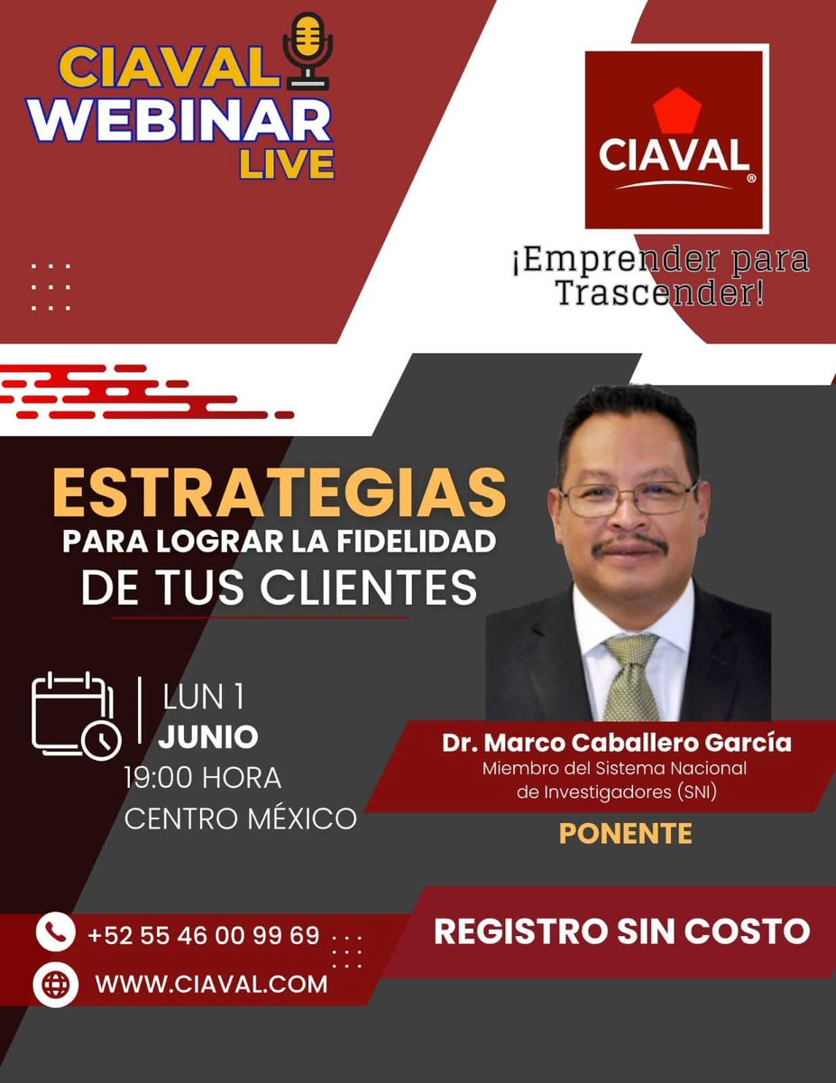 CiavalProyectos's tweet photo. 🔴"Estrategias para Lograr la Fidelidad de tus Clientes"💯

🗓️ Lunes 1 de Junio de 2026.
🕖 19:00 horas (Hora centro México)🇲🇽
🖥️ En Línea en vivo por ZOOM. Sin Costo.

📲 Regístro sin Costo.

Somos CIAVAL México 
¡17 Años! https://t.co/xZ9XZwl9Mj