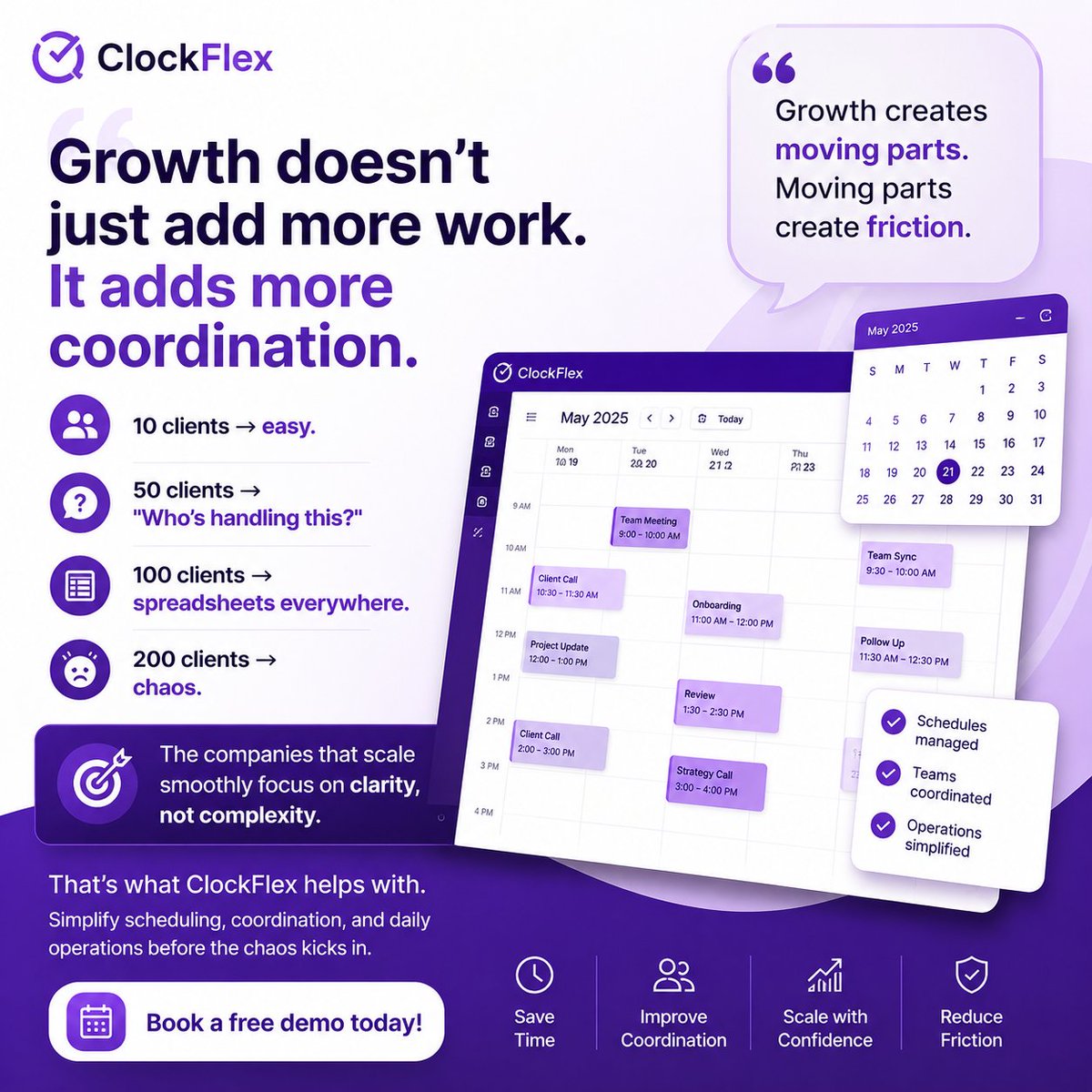 clock_flex's tweet photo. Growth doesn't just add more work.

More clients shouldn't mean more confusion.

10 → Simple.
50 → "Who's handling this?"
100 → Spreadsheets.
200 → Chaos.
Growth adds moving parts.
ClockFlex keeps them moving together.
Book a free demo https://t.co/2jfOEn9Gzj Today! https://t.co/abuJIdJgfK