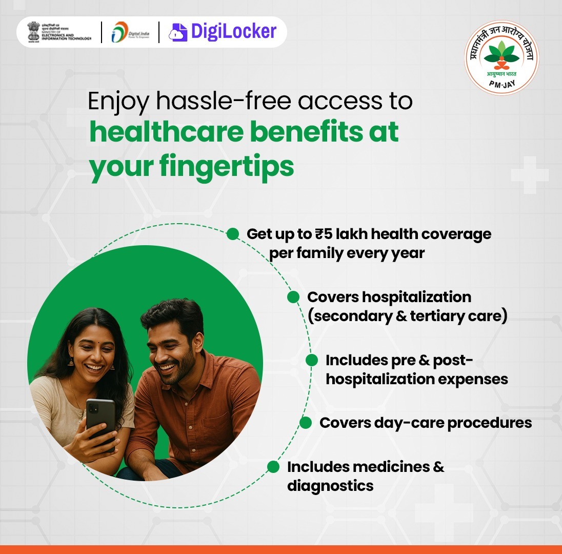 digilocker_ind's tweet photo. Big Step Towards Digital Healthcare Access!

32 Crore+ beneficiaries can now securely access their Ayushman Bharat PM-JAY e-Card on DigiLocker.

No more carrying physical copies. With DigiLocker, citizens can instantly access, share their health documents digitally with ease and security.

Download DigiLocker and access your PM-JAY e-Card seamlessly.

#DigiLocker #AyushmanBharat #PMJAY #DigitalIndia #Healthcare