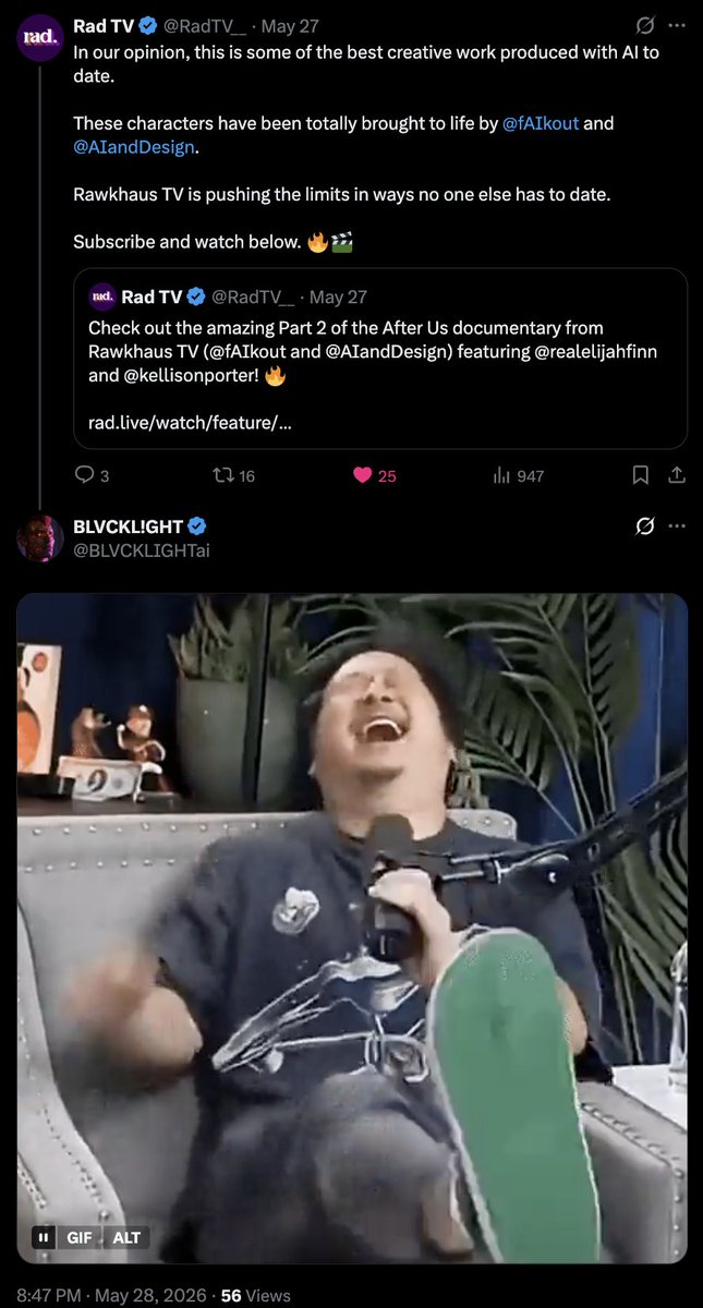 AIandDesign's tweet photo. OK. It’s enough now.  You don’t have to like me, @fAIkout, or our work to recognize that what @BLVCKLIGHTai is doing is toxic as hell for this community.  

This is not about taste. This is not about who makes “good” AI art. This is not about people disagreeing online. People can argue, criticize, joke, push back, and still behave like adults.  

But when someone starts acting like they get to decide who is “in” and who is “out”, who deserves opportunities and who should be quietly blacklisted, that crosses a line.  

When someone talks about “laying traps,” warning people about which creators should or shouldn’t be embraced, and positioning themselves as some kind of gatekeeper for AI video, that is not community leadership.  That is poison.  And I’m done pretending otherwise.  

I want this community to thrive. I want AI creators to win. I want them to get better, get seen, get hired, get supported, and build amazing things. I want you to succeed. I want @fAIkout to succeed. Hell, I want HIM to succeed too!

There is enough for all of us. I really believe that.  But that only works if we don’t let access become a weapon. If we don’t let referrals become revenge. If we don’t let one person’s ego become the filter for who gets treated fairly and who gets snubbed.  He played a very real part in tearing down my friend’s reputation. 

Now he is trying to do the same to mine. Keep going. 

You fucked with the wrong person this time.  

So let me be clear: If you’re cool with this stuff, unfollow me. Block me. Do whatever you need to do. Because I want nothing to do with a version of this community where people smile in public while quietly trying to destroy other creators behind the scenes.  

I love this space. I love the weirdness, the experiments, the chaos, the breakthroughs, the people making beautiful, ridiculous, ambitious things with tools that barely existed five minutes ago.  That is the community I care about.  Not this gatekeeping. Not this "status game". Not this “I decide who gets opportunities” nonsense.  

Enough.  

Oh, and if you're an "industry professional" buying into this guy's crap: think again. Seriously, re-evaluate your position. You will thank me later.  

Kudos to @RadTV__ for the love and support for our content. We really appreciate you guys more than I can even express.