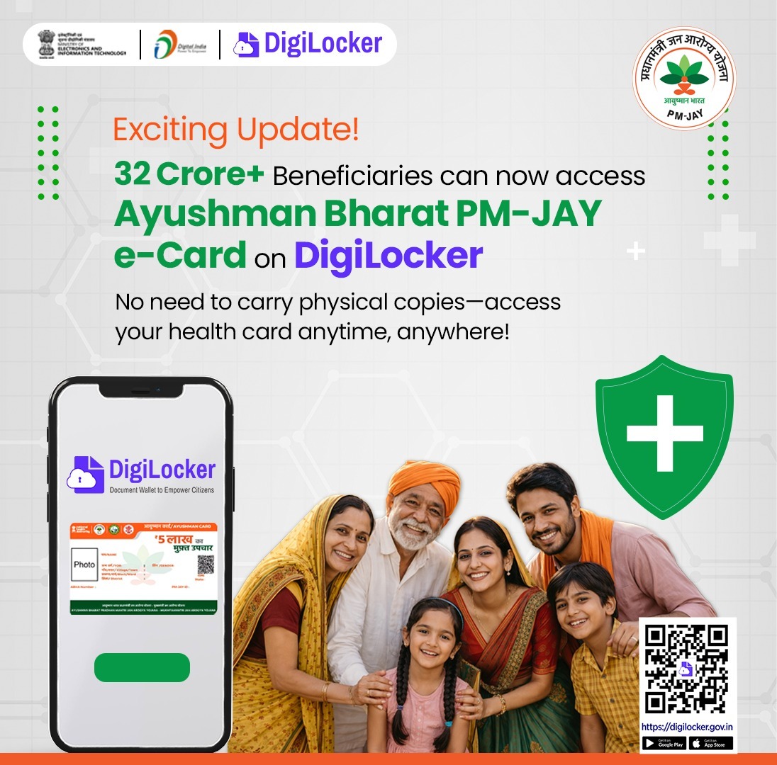 digilocker_ind's tweet photo. Big Step Towards Digital Healthcare Access!

32 Crore+ beneficiaries can now securely access their Ayushman Bharat PM-JAY e-Card on DigiLocker.

No more carrying physical copies. With DigiLocker, citizens can instantly access, share their health documents digitally with ease and security.

Download DigiLocker and access your PM-JAY e-Card seamlessly.

#DigiLocker #AyushmanBharat #PMJAY #DigitalIndia #Healthcare