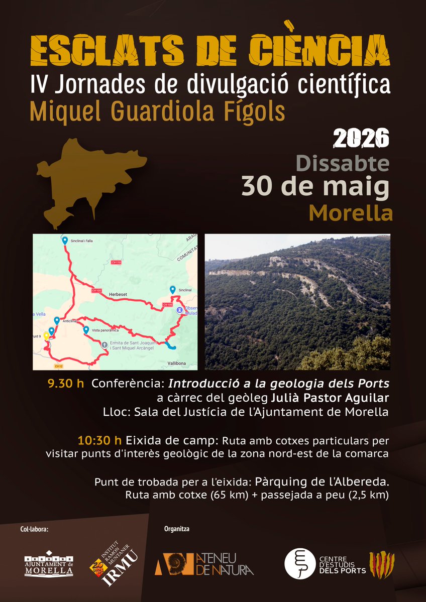 CEstudisPorts's tweet photo. Dissabte 30 de maig, a les 9.30 h, a MORELLA, Esclats de ciència. JULIÀ PASTOR farà una INTRODUCCIÓ A LA GEOLOGIA DELS PORTS + EIXIDA DE CAMP https://t.co/DGNkroj3ZO