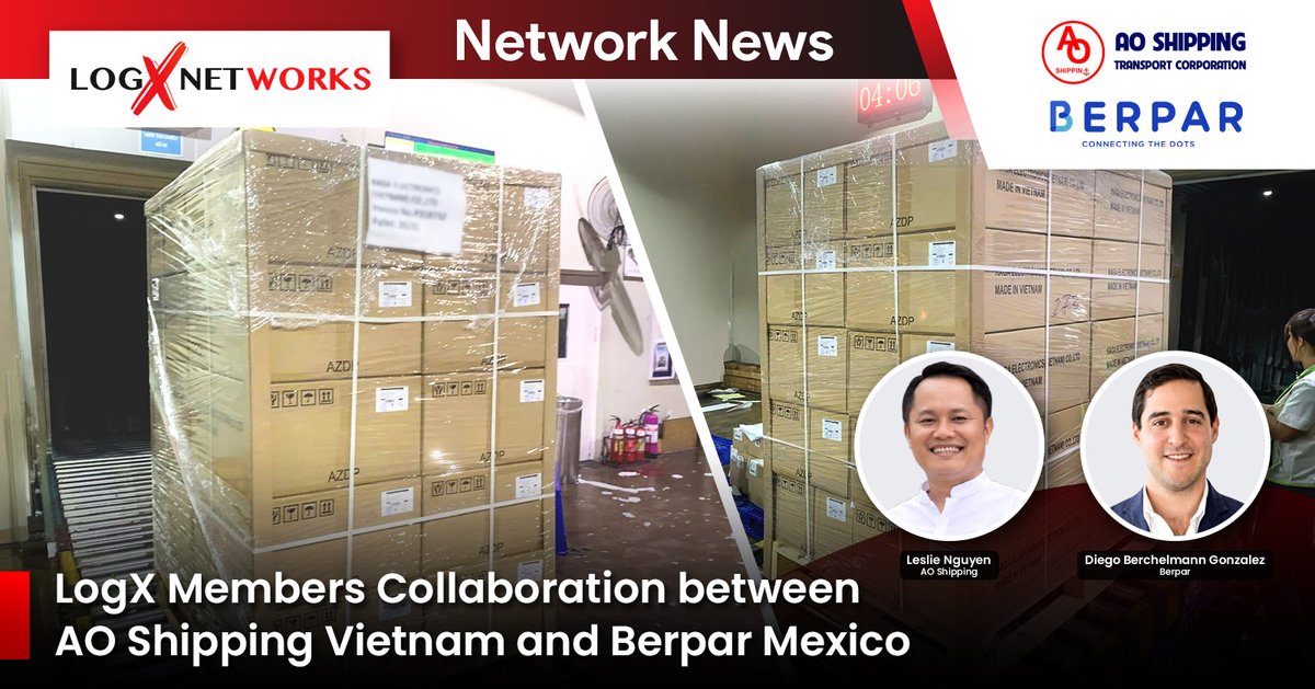 LogxNetworks's tweet photo. 🤝 Strengthening global partnerships through collaboration, LogX members AO Shipping Vietnam and Berpar Mexico successfully coordinated the movement of a 21 PLT shipment of shoes from Vietnam to Mexico.

Read More 📌
https://t.co/CtVVpB0T6U

#logxnetworks https://t.co/Pd7mqkUpl1
