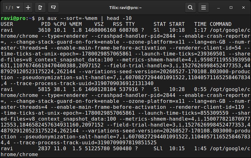 tecmint's tweet photo. Quick Linux Tip #5

Need to check how much memory each running process is actually using?

Use:

$ ps aux --sort=-%mem | head -10

It sorts all running processes by memory consumption and shows the top 10 hogs.

%mem is the percentage of total RAM the process holds, and --sort=- reverses it so the worst offenders land at the top.
Run this when free memory is dropping, and you need a name to point at before reaching for a reboot.

Follow @tecmint for more #Linux tips
