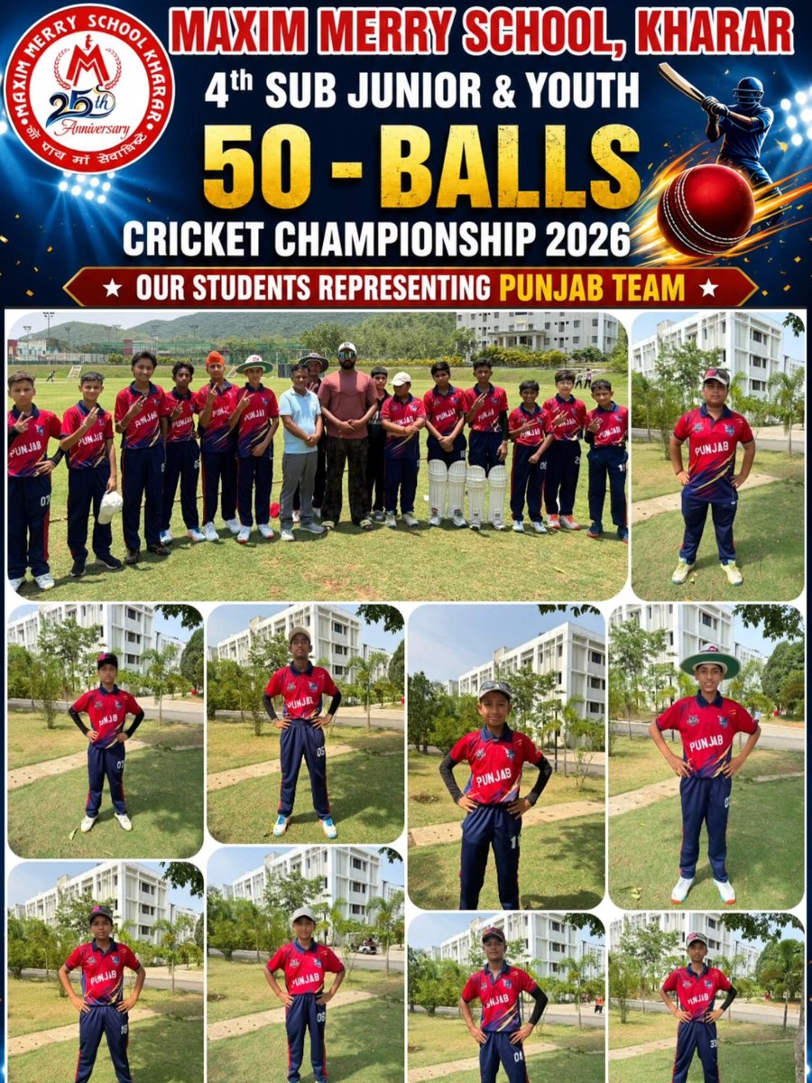 MaximMerry's tweet photo. Proud Moment for Maxim Merry School, Kharar! 
We are delighted to share that our talented students are proudly representing the Punjab Team at the
4th Sub Junior &amp;Youth 50-Balls Cricket Championship 2026
Odisha
#maximmerryschool #punjabteam #cricketchampionship2026 #odisha https://t.co/lVJFYjJP8u