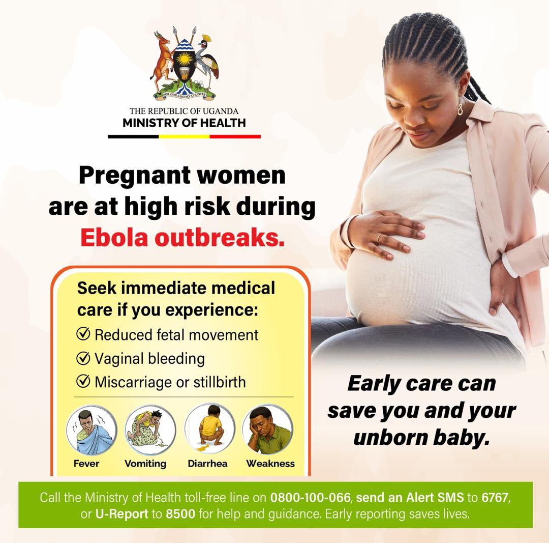 MinofHealthUG's tweet photo. Pregnant women are at high risk during #Ebola outbreaks. 

Observing MoH guidance, early reporting can save you and your unborn baby. #MOHatWork | #FightEbolaUG26 https://t.co/1otpmxAClQ