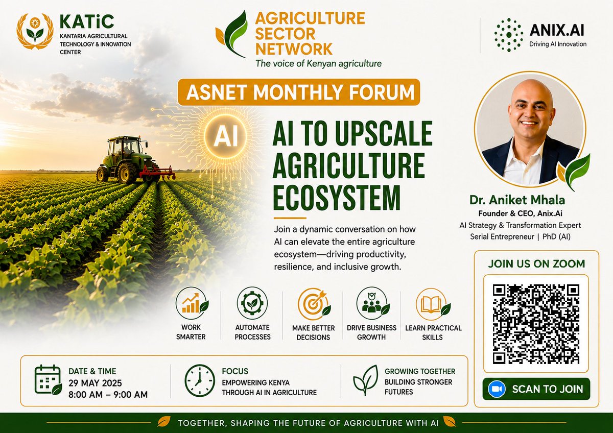AsnetKenya's tweet photo. Happening Now:
Join us for the  MAY ASNET MONTHLY FORUM themed AI for Innovation &amp; Growth Across Agriculture and Industry.

📅 Date: : Friday May 29, 2026
⏰ Time: 8:00 AM – 9:00 AM
📍 Zoom Link: https://t.co/dMInLWGbMK https://t.co/20fmUV1pWk