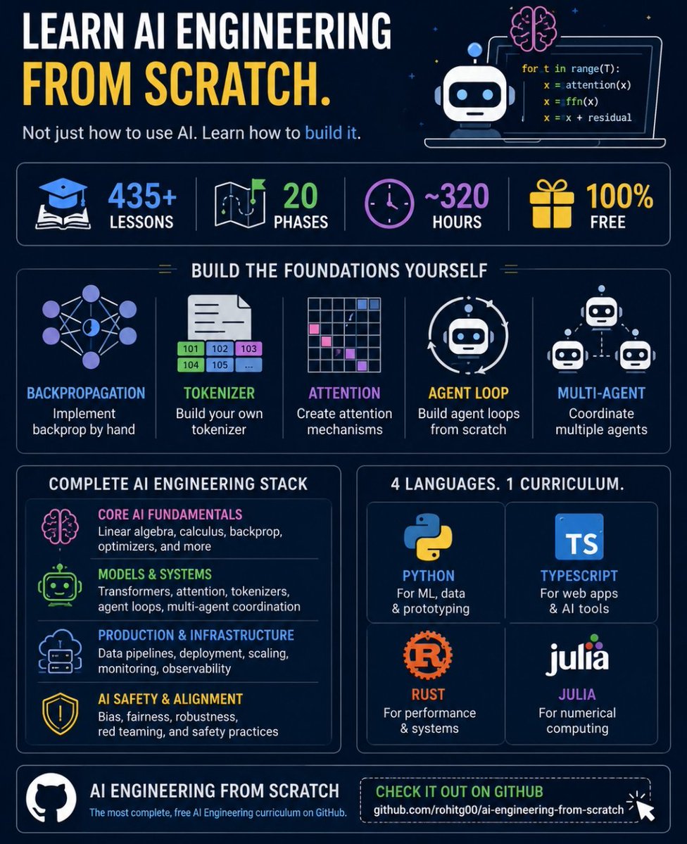 cloudashu's tweet photo. 🚀 Found one of the most complete FREE AI Engineering roadmaps on GitHub.
📚 435 lessons
🗺️ 20 phases
⏱️ ~320 hours
You don't just use AI—you build it from scratch:
✅ Backpropagation
✅ Tokenizers
✅ Attention mechanisms
✅ Agent loops &amp; multi-agent systems https://t.co/8jaP0a0okp