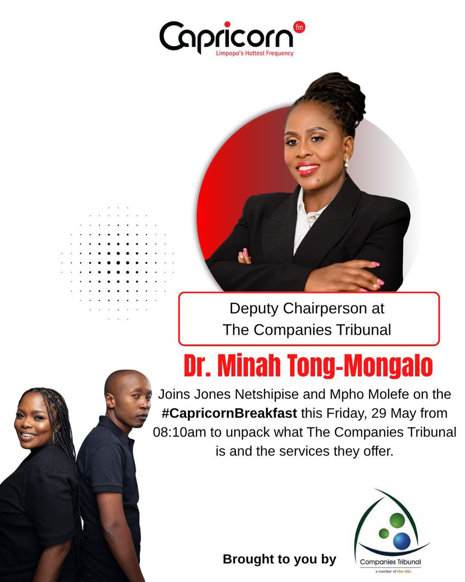 CompaniesT_SA's tweet photo. Catch the Deputy Chairperson of the Companies Tribunal, Dr. Minah Tong-Mongalo, on the #CapricornBreakfast , chatting to Jones Netshipise and Mpho Molefe to unpack the Tribunal and how our services benefit you.

🎙️ : 96.0 FM (PLK/Mokopane) |
91.7 FM (PTA)

stay informed😃💚💙🤍 https://t.co/3Cz9CqVG4A