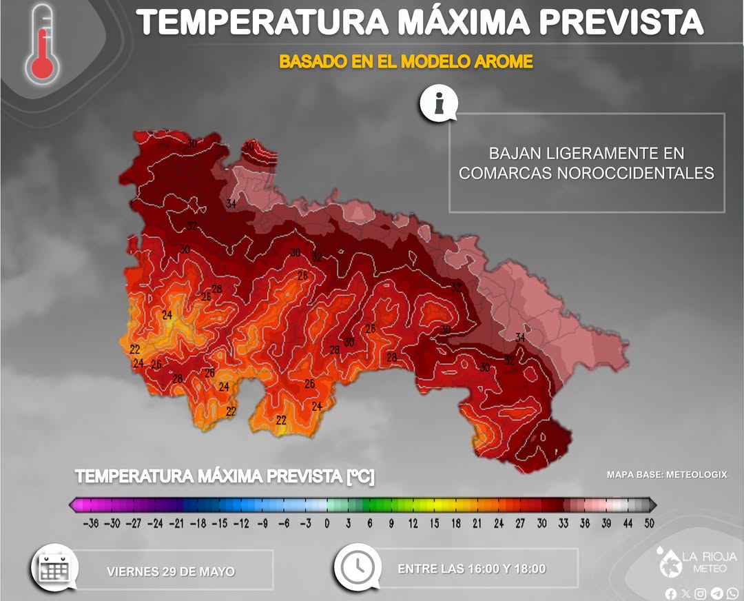 lariojaMeteo's tweet photo. Buenos días!! El último viernes de mayo se despedirá en #LaRioja "cociéndonos" a fuego lento📈, con máximas que podrían volver a superar los 36ºC en la ribera del Ebro ⚠️.

Algunos amagos tormentosos Ibérica⚡️, con entrada de Cierzo💨 a últimas horas por Haro y Santo  Domingo📉. https://t.co/CzNFOMjANj