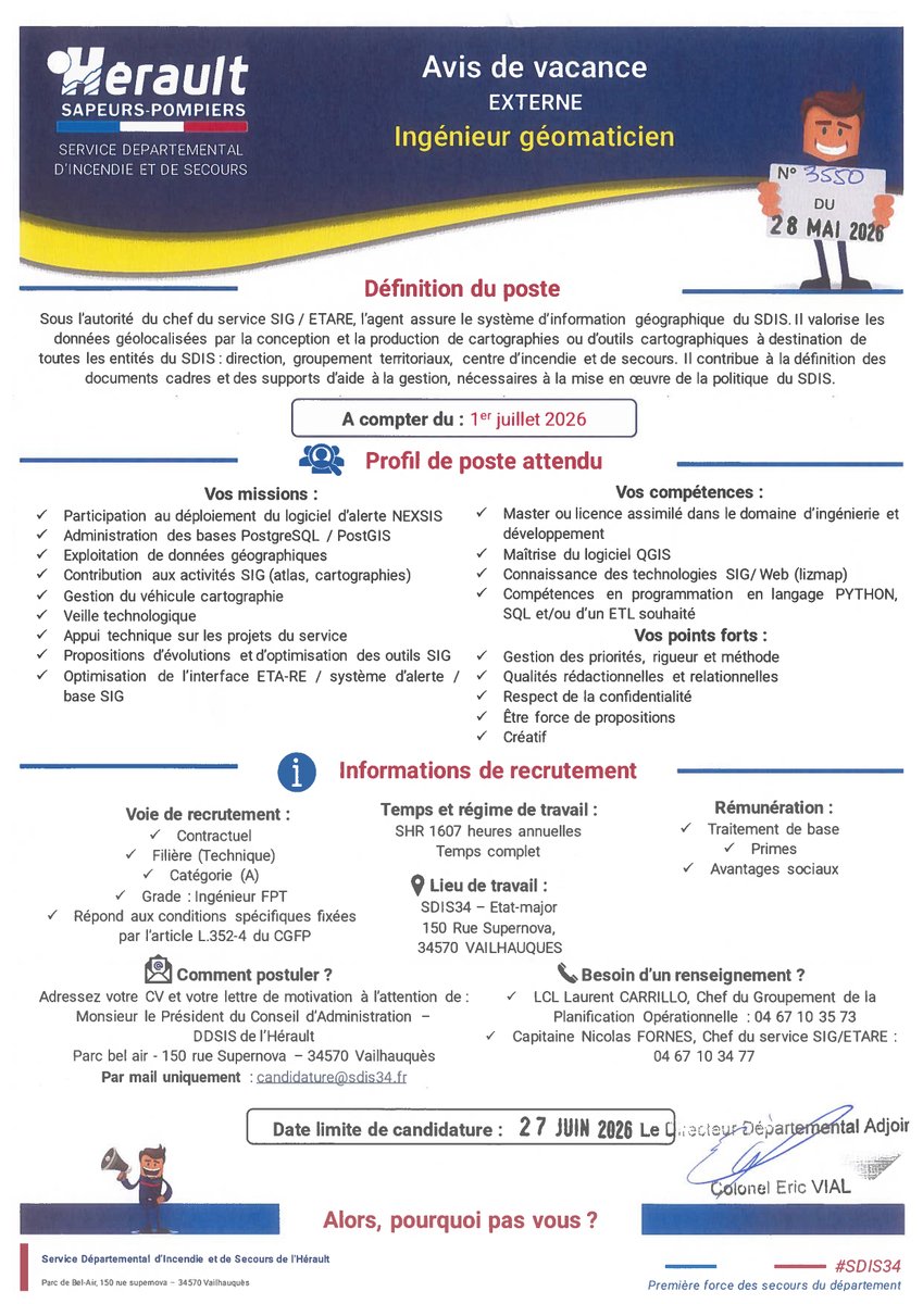 PompiersHerault's tweet photo. #OffreDEmploi|| Le Service Départemental d'Incendie et de Secours de l'#Hérault recrute ⤵️
🔵en externe
➡️un ingénieur géomaticien
Avis de vacance https://t.co/yW5mCeM5Al https://t.co/OZFoi4vV4W