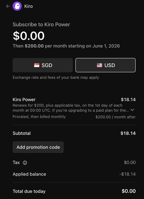 ng_thanh8's tweet photo. Claude Opus 4.8 is now available in Kiro.
With Kiro Power, you get 10,000 credits a month, and the checkout currently shows $0 due today.
It’s a simple way to try Power plus Opus 4.8 without paying upfront.
#kiro #kirocli #kiroide #aws https://t.co/thefVjkroJ