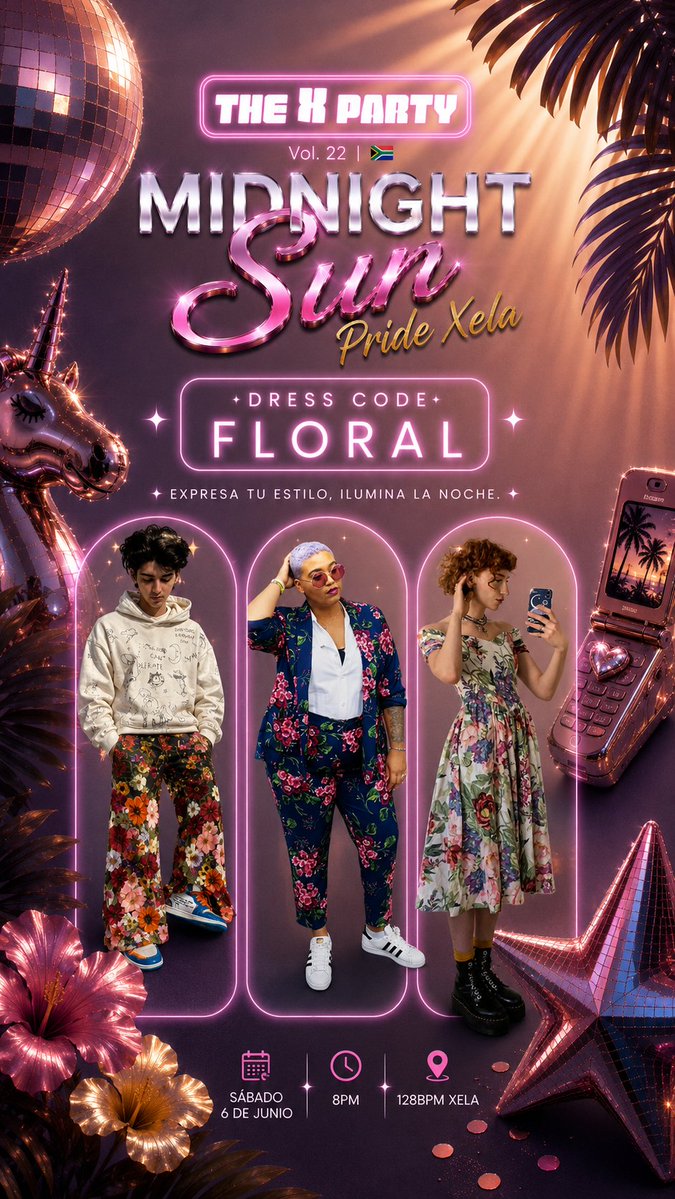 TheXPartyGT's tweet photo. Flores, detalles botánicos o tu propia versión de la temática. 
Queremos que la pista se sienta como un atardecer eterno en plena floración. ✨

🗓️ 6 de junio 
🕗 8 PM 
📍 128 BPM Xela

🎟️ Entradas disponibles, 🔗Bio

#MidnightSunXela #TheXParty #PrideXela #DressCodeFloral 🌺🌼🌷 https://t.co/bDNIZRWQyJ