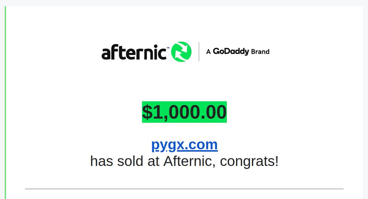 4Ldotcom's tweet photo. 🌐 Domain: PYGX .COM
💵 Sold: $1,000
🔤 Patterns: CCCC | ABCD
⚙️ Landing: Afternic (NS1/NS2)
📅 Purchased: Aug 23, 2023
⏳ Hold time: 1009 days
🛒 Purchase: $200 (20%)
🧾 Fees: $150 (15%)
📊 Net: $850 | Profit: $650 | ROI: 325%
🏷 Sold via @Afternic https://t.co/e0x3q8S2iY