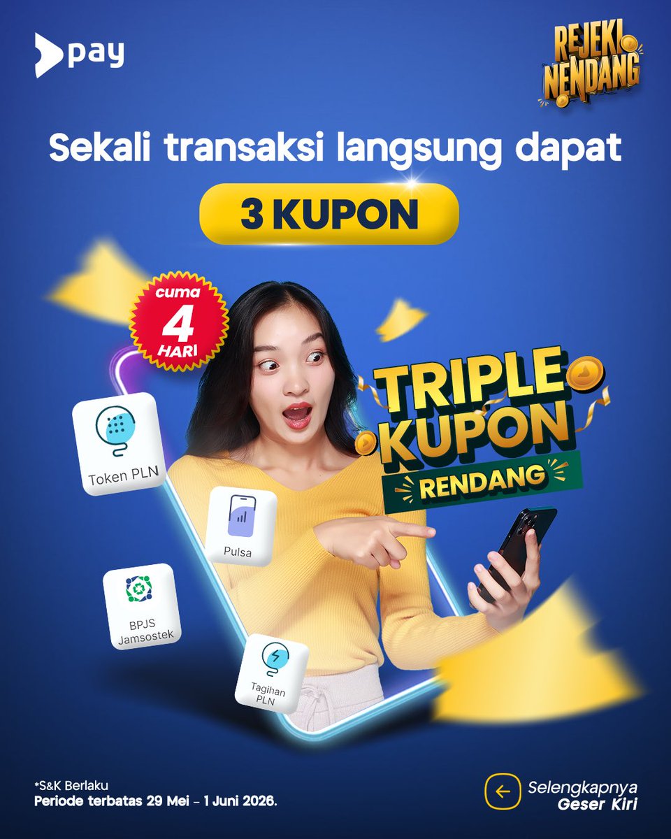 motionpay's tweet photo. 🚨 TRIPLE KUPON REJEKI NENDANG 🚨
Mulai 29 Mei – 1 Juni, tiap transaksi produk favorit kamu di MotionPay bisa langsung dapet 3 KUPON SEKALIGUS 😱🔥

Mulai dari:
⚡ Token &amp; Tagihan Listrik
📱 Pulsa &amp; Paket Data
💧 PDAM
🏥 BPJS
📺 Vision+ / MNC Play / IndiHome https://t.co/qVZK12WxXs
