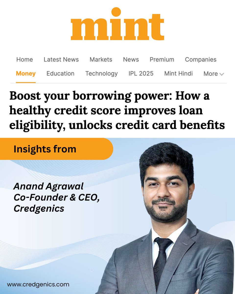 credgenics's tweet photo. In a recent @livemint article, @AnandAgrawal_, Co-founder &amp; CPTO, Credgenics, explains why credit scores are becoming central to how consumers access better financial opportunities.

📌 Read more - https://t.co/RlqwKQsVED

#digitalloancollections #digitallending #fintech #tech https://t.co/0IT5ab6tjk