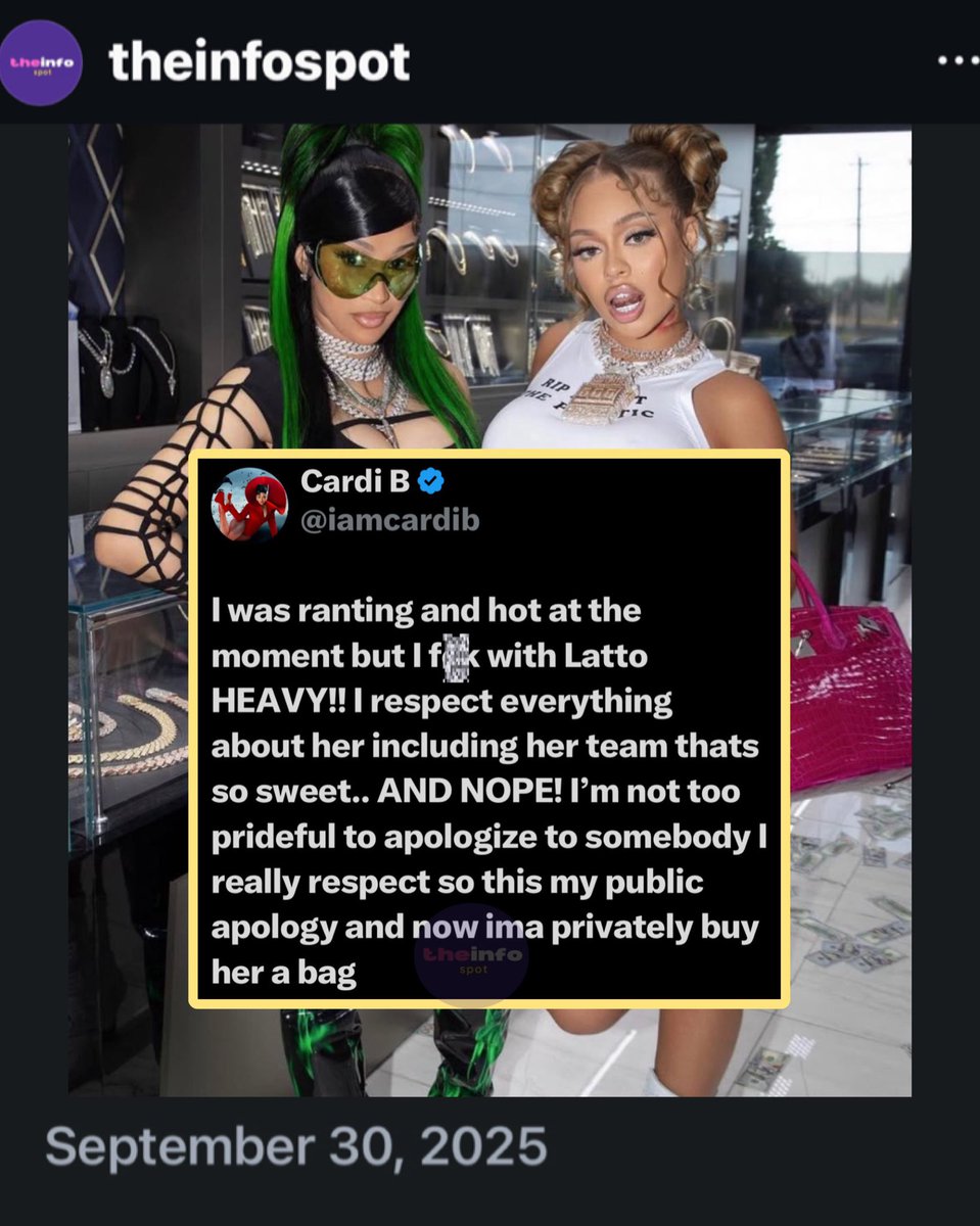 TheInfoSpot's tweet photo. “B**ch said what? Lets clock it…Talking bout buying big mama a bag like my n— ain’t already bought it…Wish a b**ch would get in that booth”

- Latto responds to Cardi B’s tweet saying she would privately buy her a bag after a called leaked of Cardi calling Latto p*ssy https://t.co/pns2TkZhdO