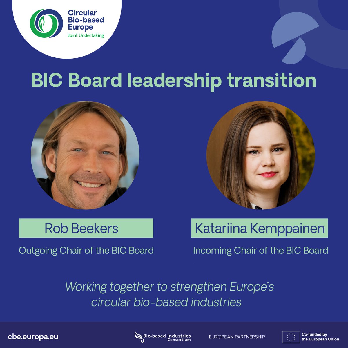 CBE_JU's tweet photo. 👏 Congratulations to Katariina Kemppainen on becoming Chair of the @biconsortium Board.

As CBE JU’s private member, BIC plays a key role in bringing industry voices into our partnership.

Thank you, Rob Beekers, for your leadership &amp; commitment: https://t.co/KNaaPUZi2g https://t.co/IXbp7CQbrn