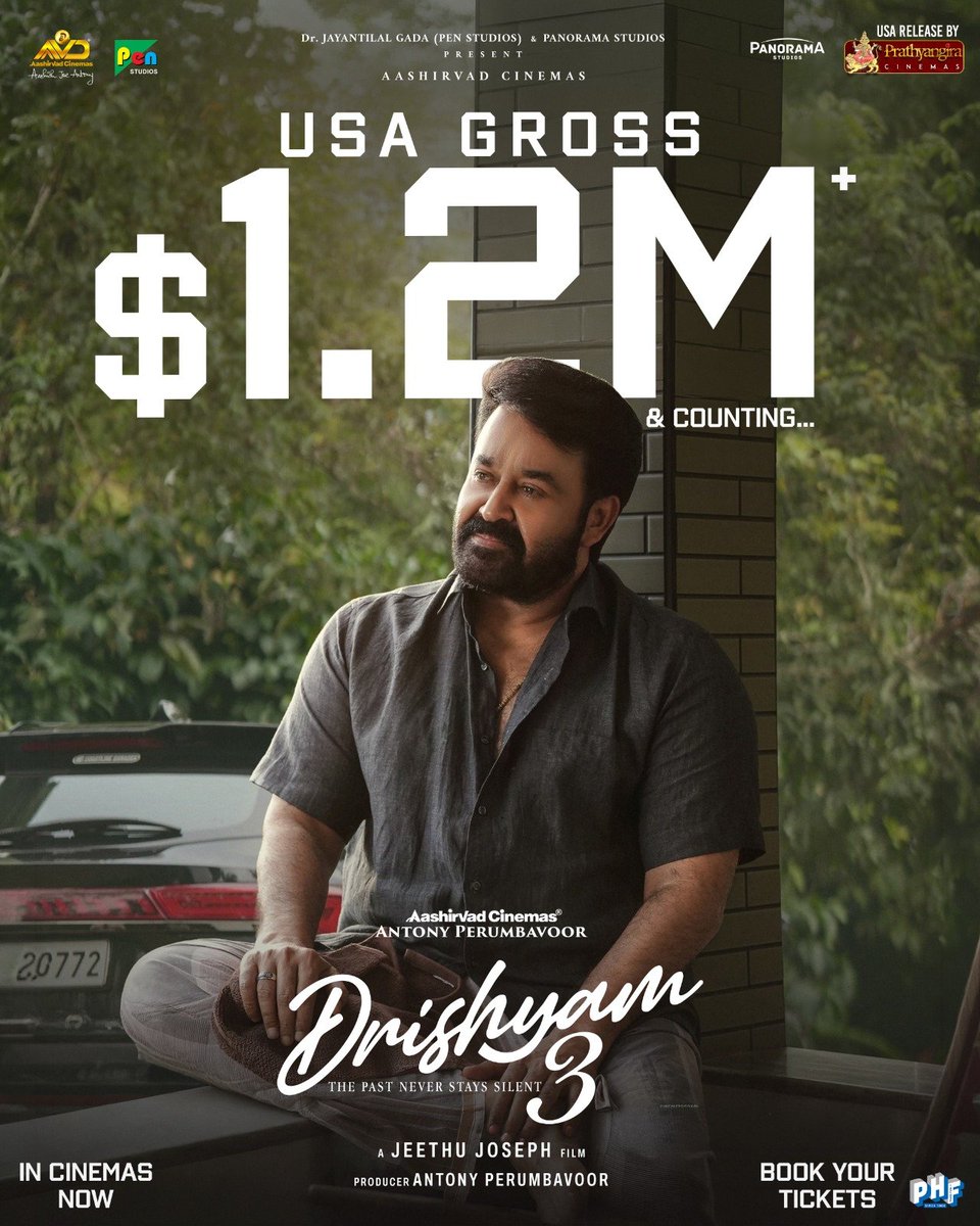 PrathyangiraUS's tweet photo. The Rampage Continues ❤️‍🔥 

#Drishyam3 USA Gross $1.2 Million and Counting 🔥

🎟️ https://t.co/zc8bb7k8Rw

USA By @PrathyangiraUS, In Cinemas Now 💥

@Mohanlal @jeethu4ever @antonypbvr @KumarMangat @jayantilalgada @pharsfilm @AbhishekPathakk #MeenaSagar @aashirvadcine @PanoramaMovies @PenMovies @ram_rampagepix @Rajeshmenon1969 @Abh1navMehrotra @drishyam3movie