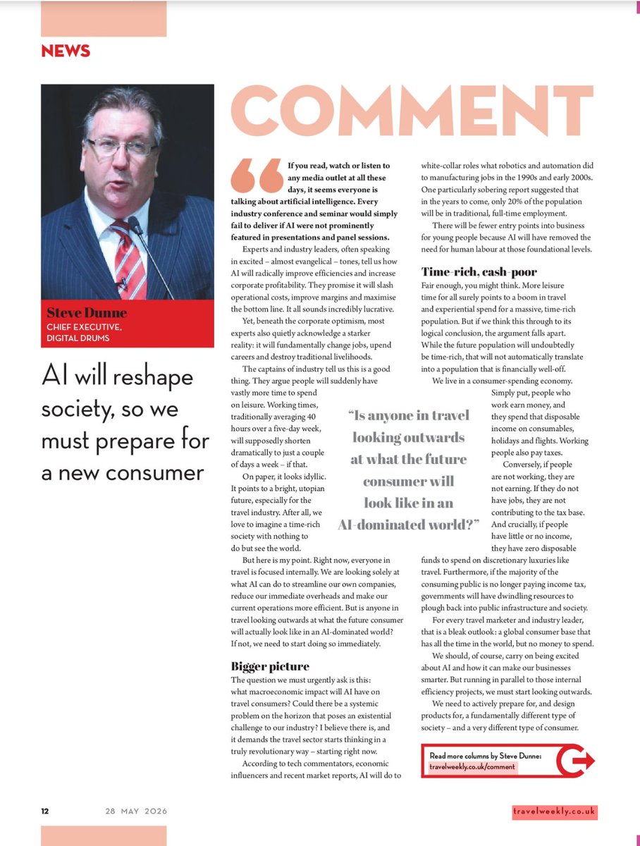 SteveDunne's tweet photo. All the talk these days seems to be, quite rightly, about AI &amp; what it can do for our business.  But what few talk about is what AI will do to the consumer.  They too will be very different.  My @travelweekly column this week. #TravelPR #TravelMarketing https://t.co/crgIEMtCyf
