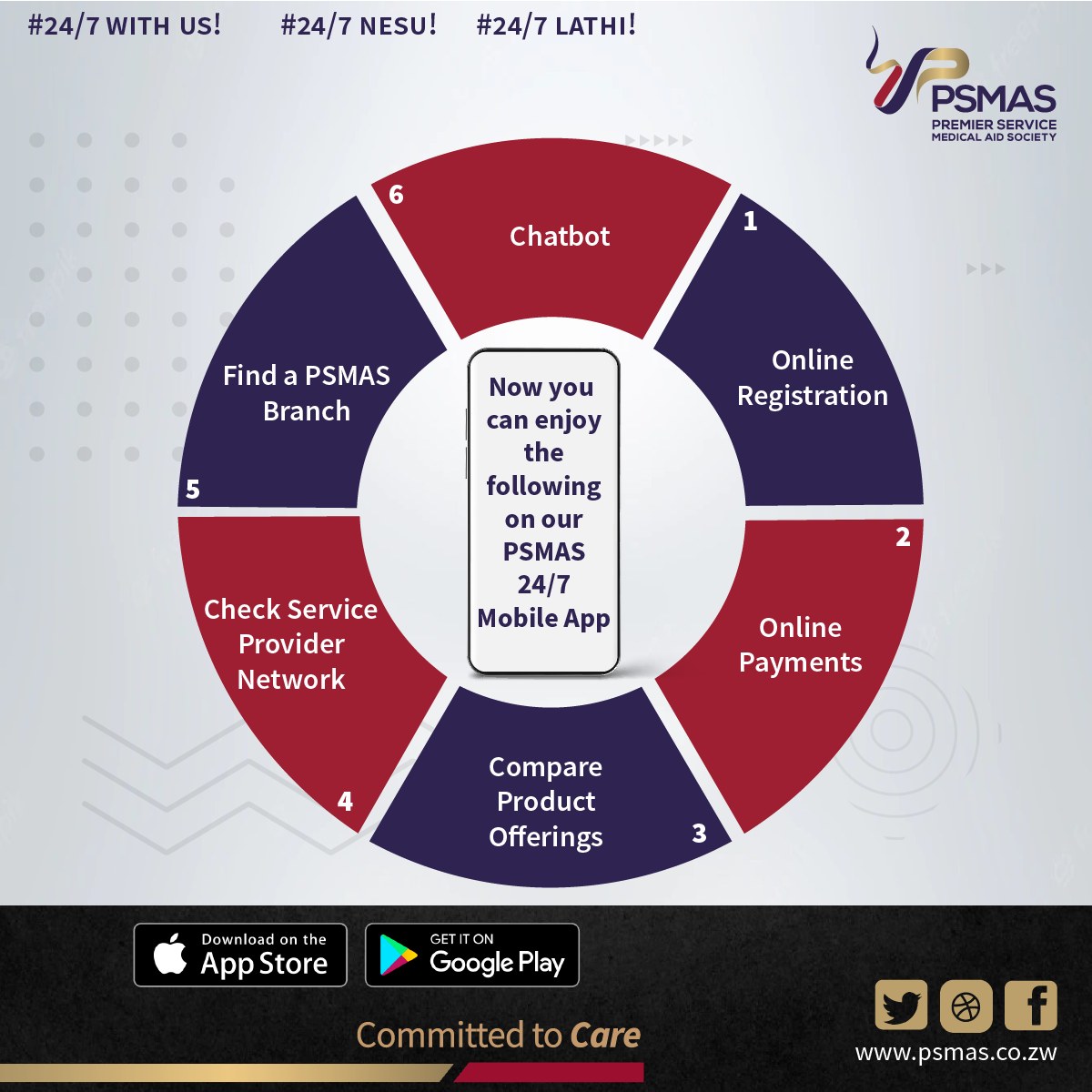PSMASZim's tweet photo. Did you know? You can use the PSMAS 24/7 mobile app to sign up for a plan that suits your healthcare needs as well as pay your subscriptions. For added convenience, download the mobile application today. We are committed to care! https://t.co/vZxcByTxDD