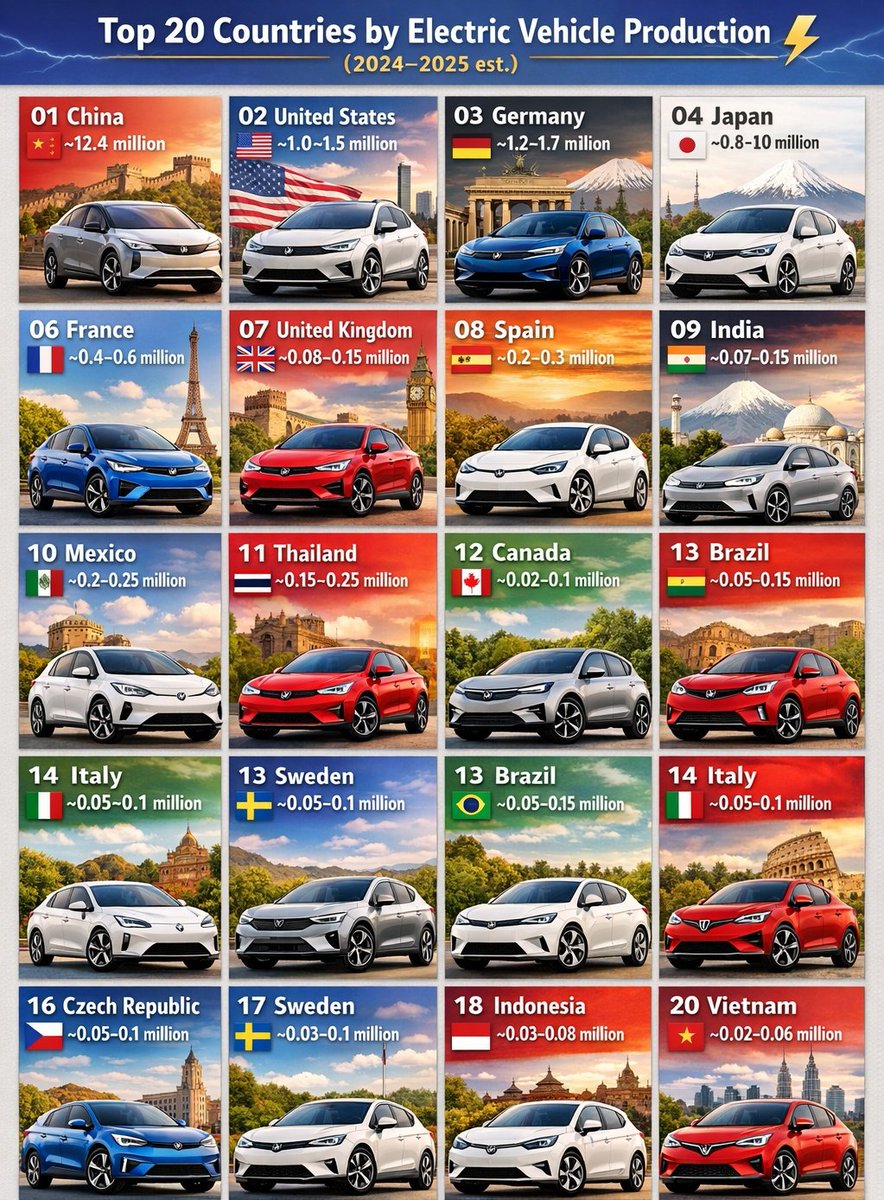 Globalstats_77's tweet photo. Top 20 Countries by Electric Vehicle Production (2024–2025 est.)

1. 🇨🇳 China — ~12.4 million
2. 🇺🇸 USA — ~1.0–1.5 million
3. 🇩🇪 Germany — ~1.2–1.7 million
4. 🇯🇵 Japan — ~0.8–1.0 million
5. 🇰🇷 South Korea — ~0.5–0.7 million
6. 🇫🇷 France — ~0.4–0.6 million
7. 🇬🇧 UK — ~0.08–0.15 million
8. 🇪🇸 Spain — ~0.2–0.3 million
9. 🇮🇳 India — ~0.07–0.15 million
10. 🇲🇽 Mexico — ~0.2–0.25 million
11. 🇹🇭 Thailand — ~0.15–0.25 million
12. 🇨🇦 Canada — ~0.02–0.1 million
13. 🇧🇷 Brazil — ~0.05–0.15 million
14. 🇮🇹 Italy — ~0.05–0.1 million
15. 🇹🇷 Turkey — ~0.04–0.1 million
16. 🇨🇿 Czech Republic — ~0.05–0.1 million
17. 🇸🇪 Sweden — ~0.05–0.1 million
18. 🇮🇩 Indonesia — ~0.03–0.08 million
19. 🇲🇾 Malaysia — ~0.03–0.08 million
20. 🇻🇳 Vietnam — ~0.02–0.06 million