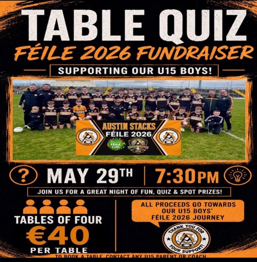 AustinStacksGAA's tweet photo. Big night tonight at the Club, please come down for a great evenings entertainment and support our Féile team 🖤🧡 https://t.co/4u5p9PfvZ0