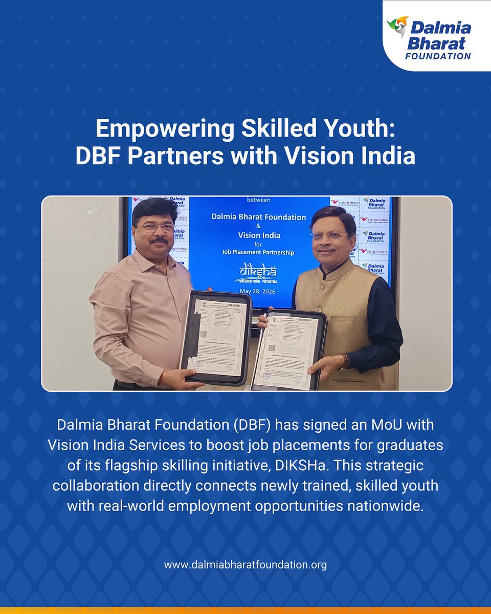 Dalmia_DBF's tweet photo. We @Dalmia_DBF partnered with @visionindiaspl to boost jobs for DIKSHa youth! All candidates get free JustJob access, placement drives, interview prep &amp; entry to top employer networks: Maruti Suzuki, Schneider Electric, Sodexo &amp; more.
Bridging talent &amp; opportunity. #SkillingIndia https://t.co/RY0v2drcEM