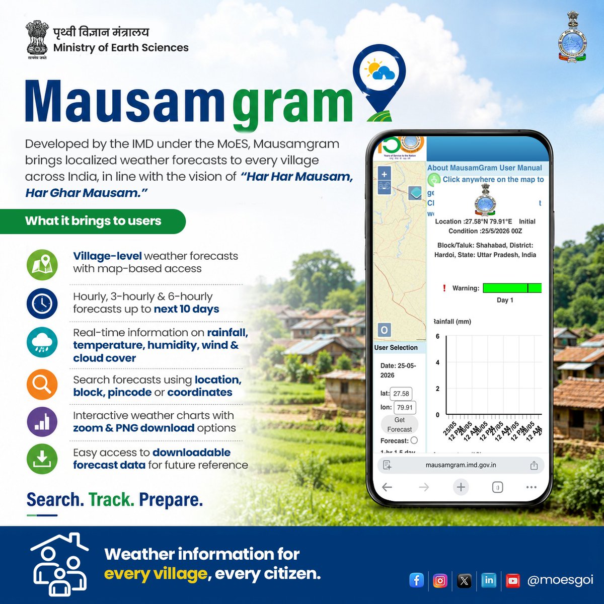 moesgoi's tweet photo. From every village to every citizen, accurate weather information is now within reach. 🌦️

Developed by @Indiametdept under the @moesgoi, Mausamgram delivers localized weather forecasts, real-time updates, and village-level weather insights across India.

With rainfall, temperature, humidity, wind data, and forecasts up to 10 days, the platform empowers citizens to stay informed, prepared, and weather-ready.

#Mausamgram #IMD #MoES  #WeatherForAll #DigitalIndia 

@narendramodi @mygovindia @PMOIndia @DrJitendraSingh @OfficeOfDrJS @Ravi_MoES @PIBEarthScience @PIB_India @MIB_India
