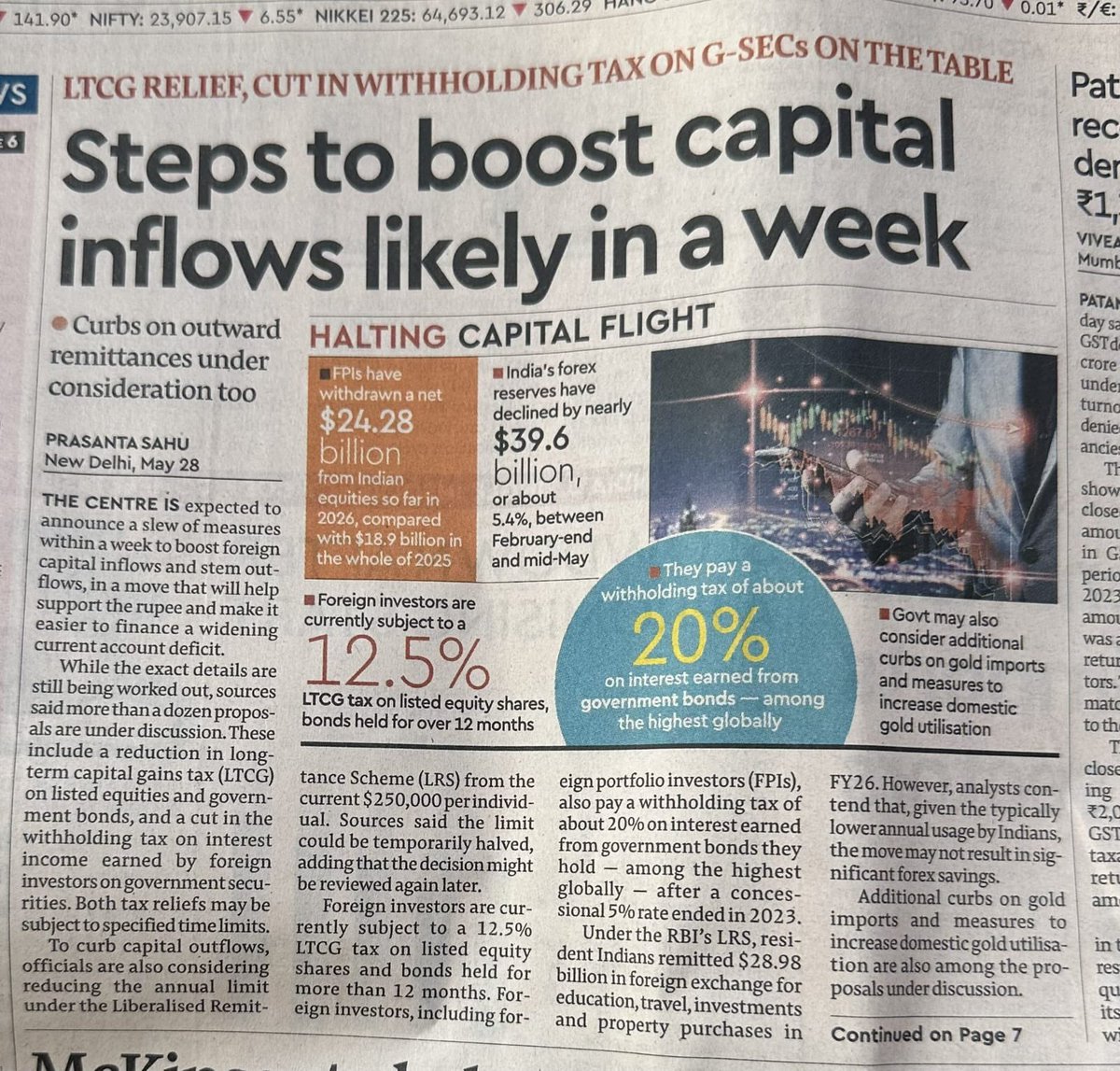 alphastocksnow's tweet photo. Big Boost for Equities on the Cards?

If implemented, LTCG relief and tax cuts could serve as the perfect catalyst to reverse persistent FPI selling and spark a strong bullish rally on Dalal Street.
Will a cut in LTCG bring the bulls back instantly? https://t.co/dTfVTeBQRv