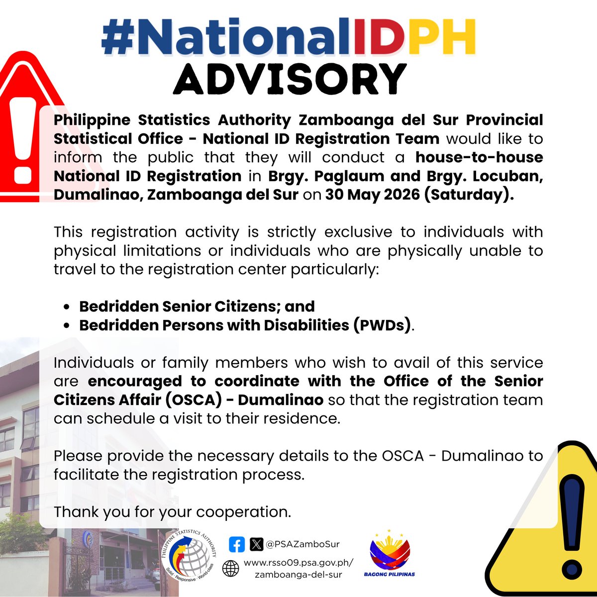 PSAZamboSur's tweet photo. #𝐍𝐚𝐭𝐢𝐨𝐧𝐚𝐥𝐈𝐃𝐏𝐇 𝐀𝐝𝐯𝐢𝐬𝐨𝐫𝐲

... 𝐡𝐨𝐮𝐬𝐞-𝐭𝐨-𝐡𝐨𝐮𝐬𝐞 𝐍𝐚𝐭𝐢𝐨𝐧𝐚𝐥 𝐈𝐃 𝐑𝐞𝐠𝐢𝐬𝐭𝐫𝐚𝐭𝐢𝐨��� in 𝐁𝐫𝐠𝐲. 𝐏𝐚𝐠𝐥𝐚𝐮𝐦 𝐚𝐧𝐝 𝐁𝐫𝐠𝐲. 𝐋𝐨𝐜𝐮𝐛𝐚𝐧, 𝐃𝐮𝐦𝐚𝐥𝐢𝐧𝐚𝐨, 𝐙𝐚𝐦𝐛𝐨𝐚𝐧𝐠𝐚 𝐝𝐞𝐥 𝐒𝐮𝐫 on 𝟑𝟎 𝐌𝐚𝐲 𝟐𝟎𝟐𝟔 (𝐒𝐚𝐭𝐮𝐫𝐝𝐚𝐲). https://t.co/wJqXsjNt3x