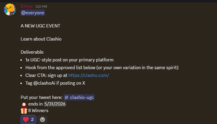 Gamefi's tweet photo. There's a new project that really hooked me.

It is on right time because I do UGC AI contents on other socials.

Now with @clashoAi, you can get paid while creating content. Meaning you get double payment or even pay. (including platforms revenue + sponsor post if ever + this)

UGC event activated on discord rn.