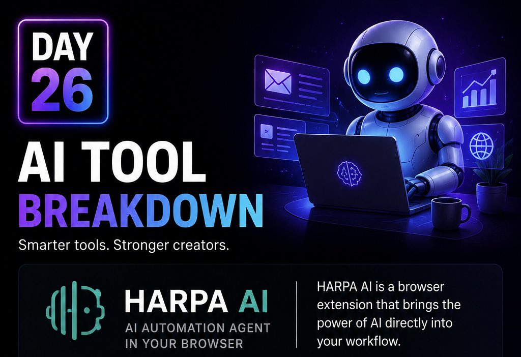 PromptSyntax's tweet photo. 🚀 DAY 26 — AI TOOL BREAKDOWN

Harpa AI

Most people use AI manually.
This tool makes AI work while you browse.

What it does:
HARPA AI is a browser assistant that summarizes pages, replies to emails, extracts data, and automates repetitive tasks. https://t.co/bd8x4Itur0