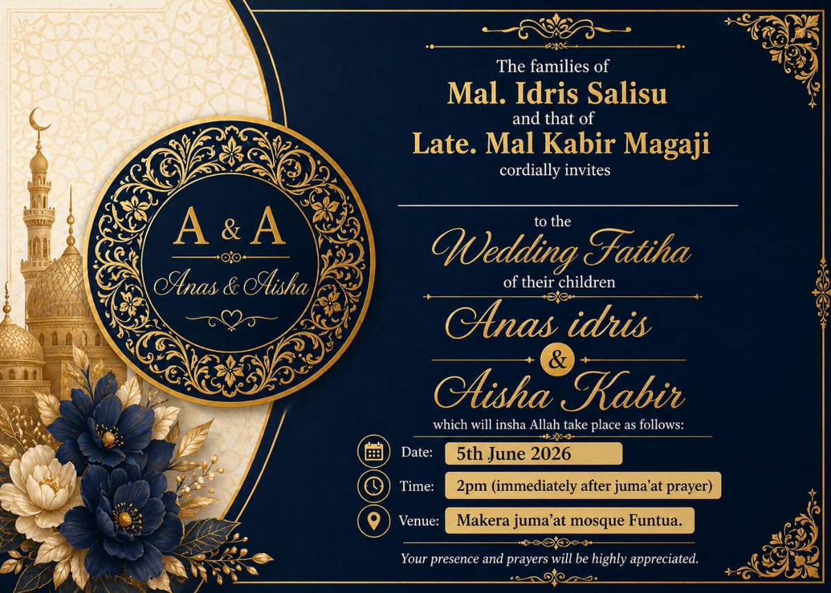 Bin_malik_'s tweet photo. بسم الله الرحمن الرحيم

I am deeply honored to request your gracious presence and participation and prayers  on the auspicious occasion of my wedding ceremony schedule to take place next week, Friday, 5th June 2026. https://t.co/iLfMqMsIln