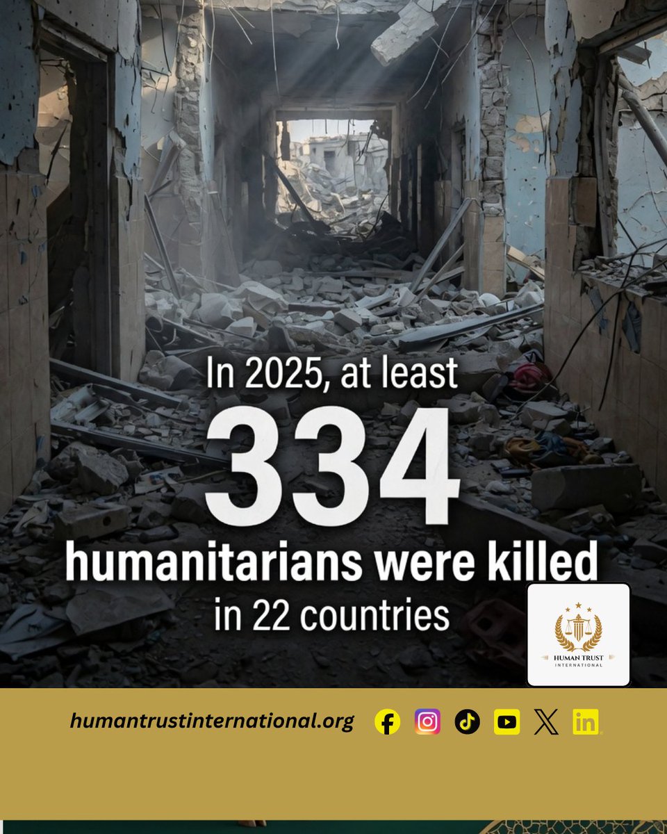 humantrustint's tweet photo. Every number tells a story.
Every life lost was someone helping others survive conflict, hunger, and disaster.
In 2025 alone, at least 334 humanitarians were killed across 22 countries while serving vulnerable communities on the frontlines of crisis.

#HumanitarianCrisis https://t.co/SySMoxVT8j