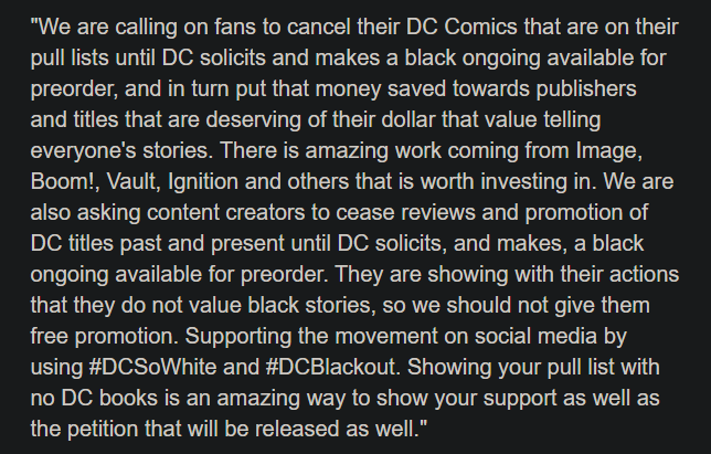 BatNAlley's tweet photo. DC BLACKOUT : Des fans lancent un appel au boycott aprés 1200 jours sans série régulière avec un personnage principal noir.

"Nous appelons les fans à annuler" leurs commandes DC tant qu'ils "ne proposeront pas en précommande une série régulière portée par des personnages noirs". https://t.co/gMqUZi2w59