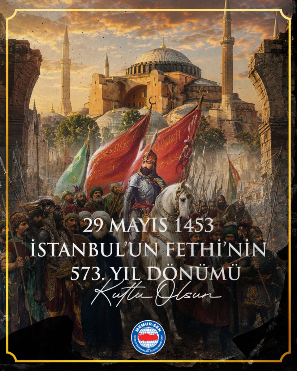 MemurSenKonf's tweet photo. 29 Mayıs 1453…
Bir çağ kapandı, yeni bir çağ açıldı.

İstanbul’un Fethi; yalnızca surların aşılması değil, inancın, azmin ve ilmin zaferidir. 

Fatih Sultan Mehmet ve kutlu ordusu; adaletin, hikmetin ve diriliş ruhunun sembolü olmuştur.

Bugün bizlere düşen; fetih ruhunu diri tutmak, birlik ve kardeşlik iklimini güçlendirmek, medeniyet mirasımıza sahip çıkarak geleceği inşa etmektir.

Peygamber Efendimizin  müjdesine mazhar olan İstanbul’un Fethi’nin yıl dönümünde; Fatih Sultan Mehmet ve kahraman ecdadımızı rahmet, minnet ve şükranla yâd ediyoruz.

#29Mayıs1453
#İstanbulunFethi