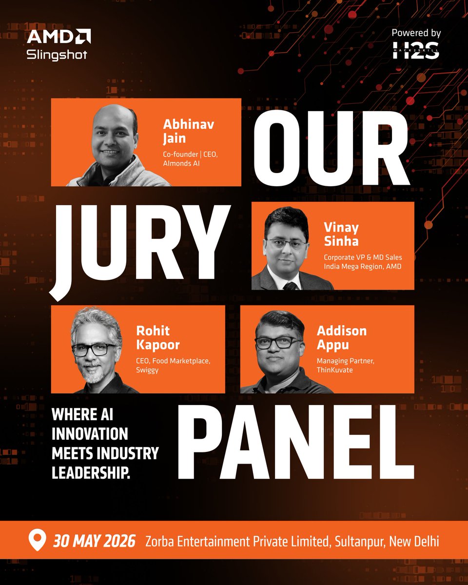 hack2skill's tweet photo. Tomorrow at Zorba, New Delhi, the AMD Slingshot Grand Finale will witness a collision of raw student innovation and seasoned industry wisdom. We are honored to introduce our finale Jury Panel, the minds who will  and ultimately decide the fate of India’s Top 10 AI teams.

See you https://t.co/CIZ9GAJhVQ