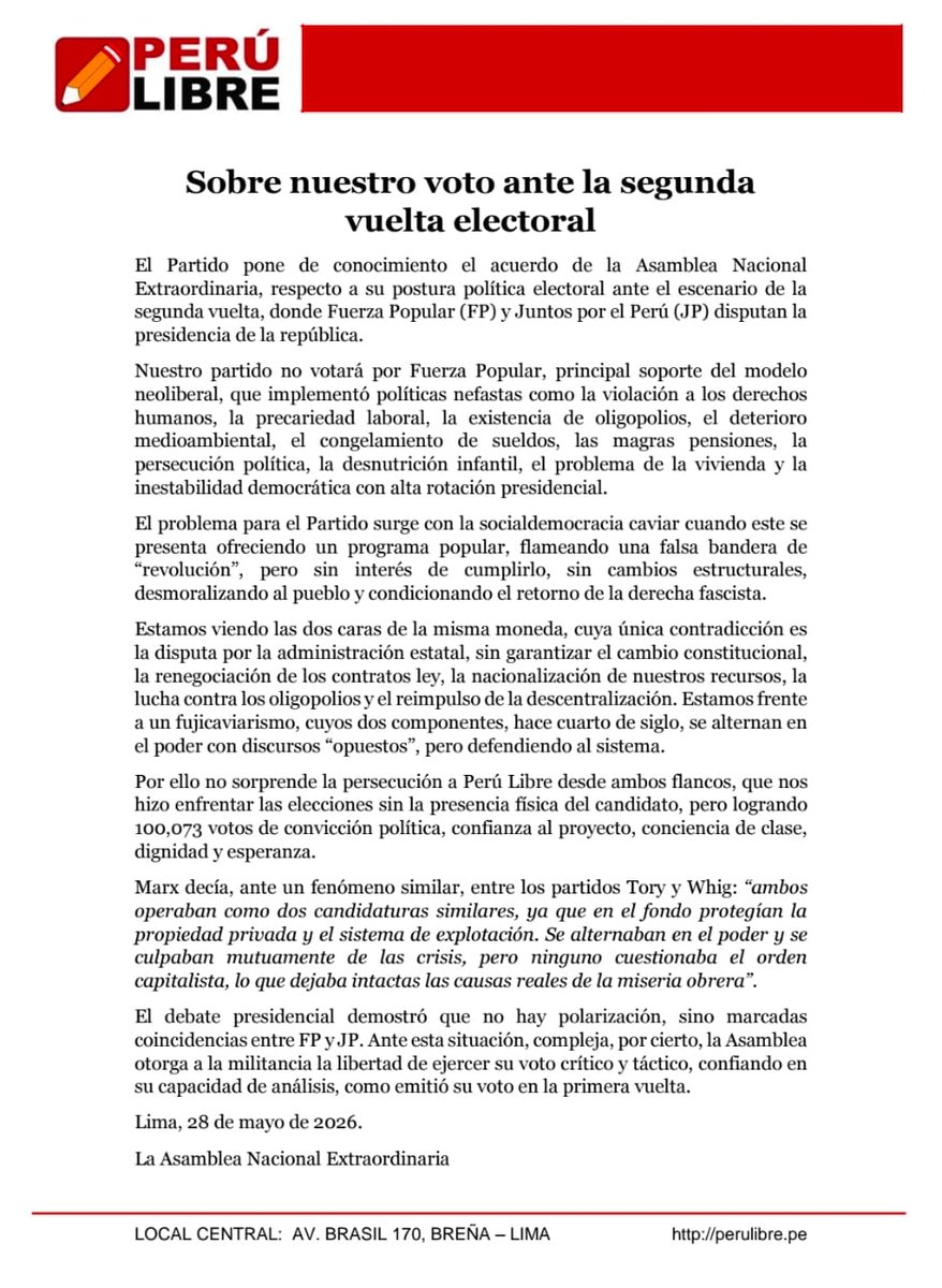 vladimir_cerron's tweet photo. El debate presidencial demostró que no hay polarización, sino marcadas coincidencias entre FP y JP. Ante esta situación, compleja, por cierto, la Asamblea otorga a la militancia la libertad de ejercer su voto crítico y táctico. https://t.co/Oy7QE3e4rK