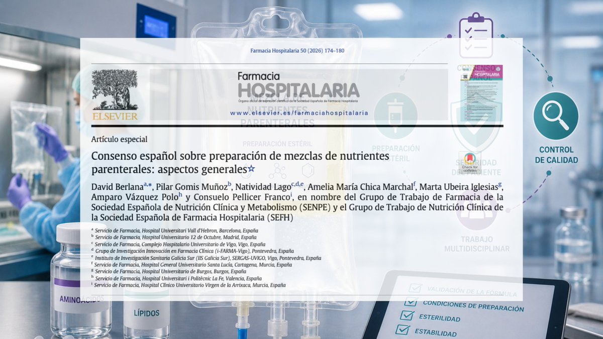 farm_hosp's tweet photo. 🆕Consenso español sobre preparación de mezclas de nutrientes parenterales: aspectos generales.

Artículo especial del Vol. 50, Núm. 3 de la #RevistaFarmaciaHospitalaria.

@GrupoNutri @farmacotecnia https://t.co/loxz2jqCoh https://t.co/bTLdTWGcZP