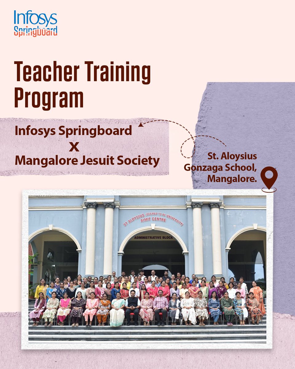 InfySpringboard's tweet photo. Infosys Springboard, in collaboration with the Mangalore Jesuit Society, conducted a Teacher Training Program for over 80 teachers at St. Aloysius Gonzaga School, Mangalore focusing on AI in education, digital tools for teaching, and professional skills for educators. https://t.co/4lH7Ar48Vl
